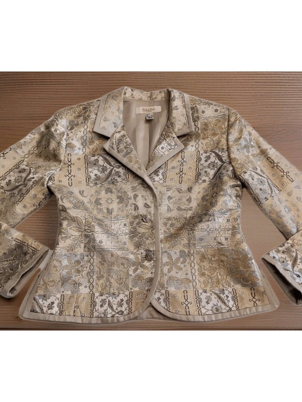 Peck & Peck Blazer Jacket Gold Floral Patchwork Jacquard Brocade Vintage Size 12